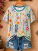 Women's Simple and Versatile Casual Short-Sleeve Floral Print Round-Neck Elegant T-Shirt Stylish Loose-Fitting Women's Top