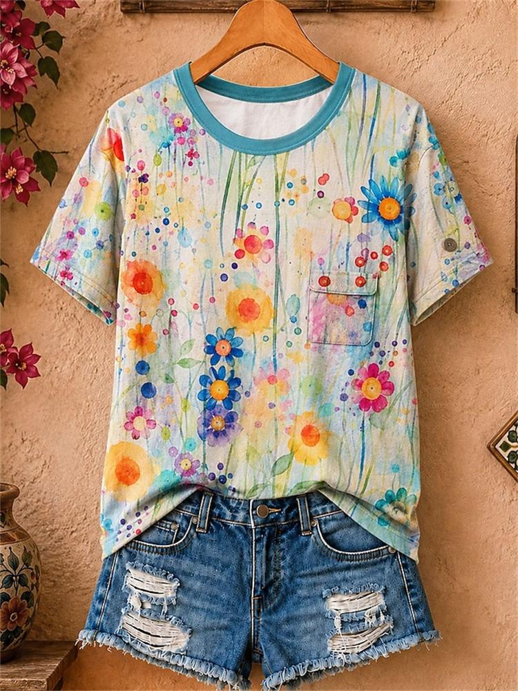 Women's Simple and Versatile Casual Short-Sleeve Floral Print Round-Neck Elegant T-Shirt Stylish Loose-Fitting Women's Top