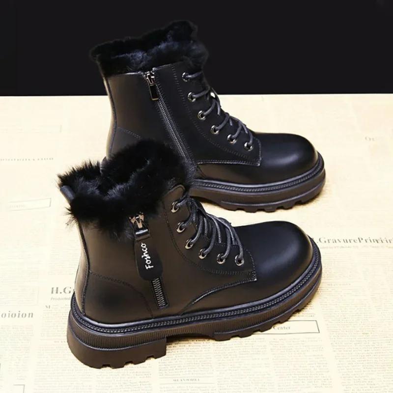 Snøstøvler Plysj Varm Medium Støvletter Dame Svart og Hvit Vinter Fortykket Varm Snø Flate Sko Zapatos Mujer