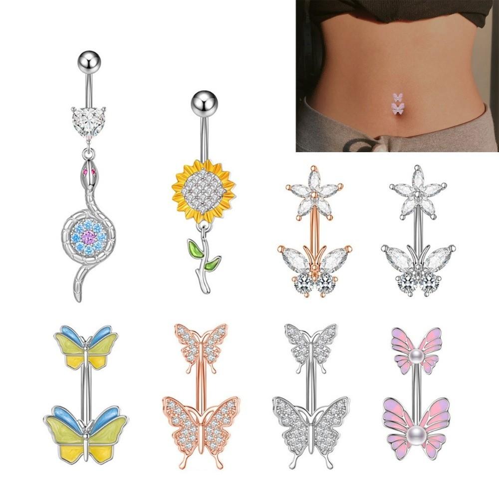 Sunflower Zircon Navel Ring Butterfly Heart Belly Button Ring Vintage Body Piercing Jewelry  Girl