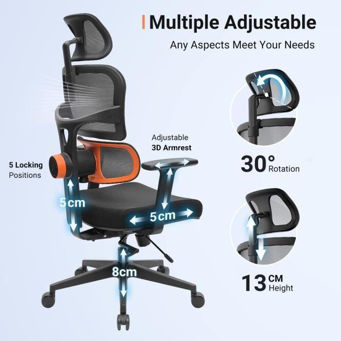Chaise de bureau ergonomique - Newtral - Dossier haut - Support lombaire réglable - Accoudoirs 3D