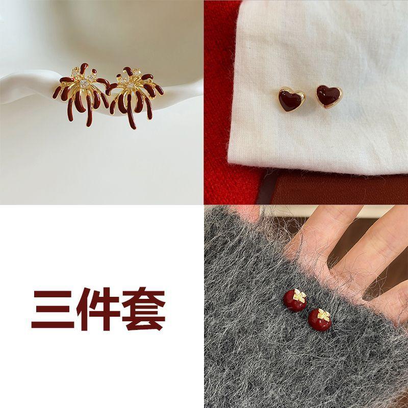 Zhao Ruth's Same Red Enamel Fireworks Stud Earrings Are Exquisite, Small and High-end, Versatile Commuter Earrings, Autumn and Winter Earrings.