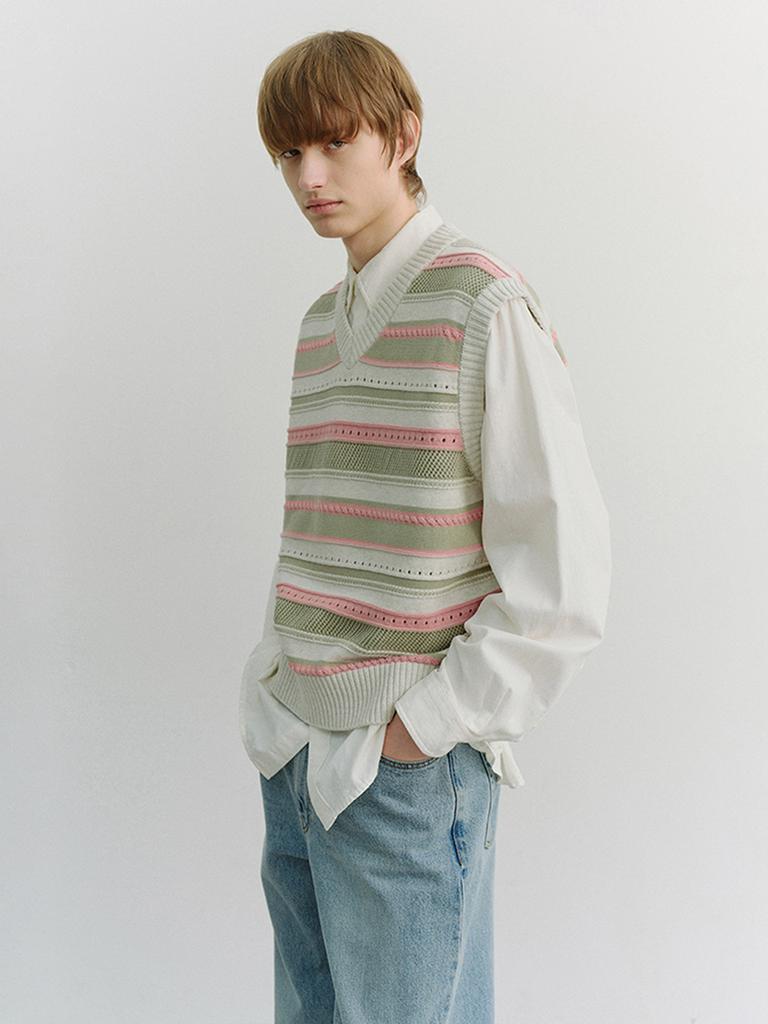 Deonseuteupomaen Crafted Striped Knit Vest_Unisex_Udsw6B123_Ivory / Mint