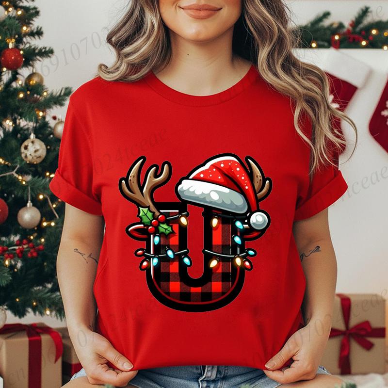 Christmas Alphabet Printed T-Shirt for Women Unisex Fashion Trendy Funny Casual Tops Santa Hat, Reindeer Graphic Tshirt T Shirt