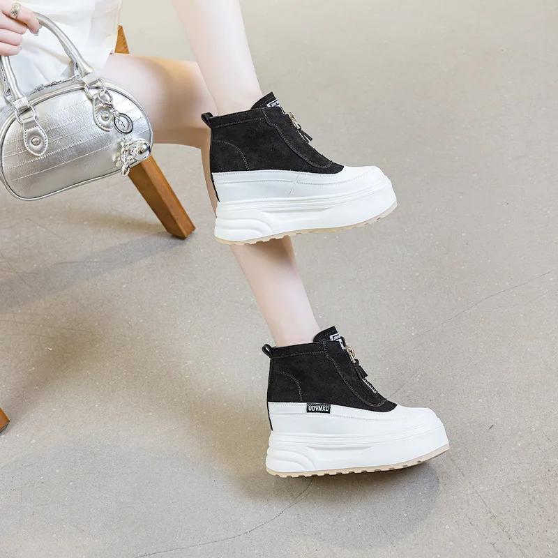 Heel 10cm Suede Cow Genuine Leather  Autumn Ankle Booties Moccasins Chimney Women Chunky Sneakers Boots Spring Fashion Shoes