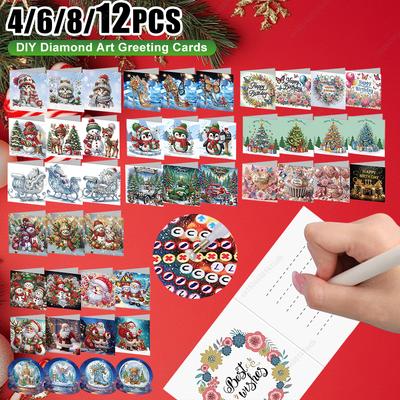 4-12PCS 5D Rhinestone Arts Greetings Birthday Card Handmade Diamond Painting Christmas Festival Card Thank You Card For Family A