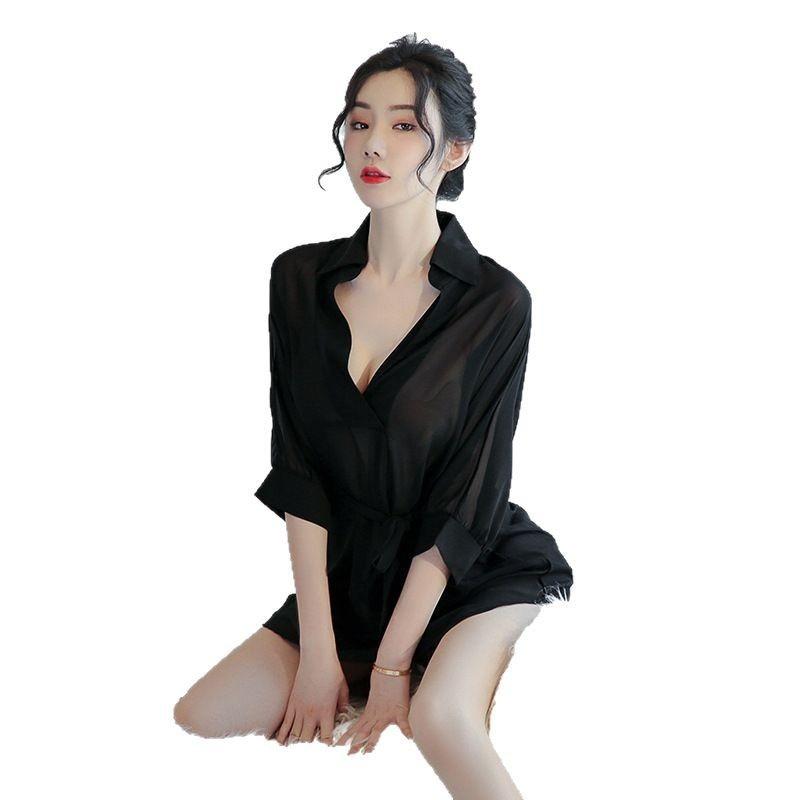 Sexy pajamas boyfriend wind lace-up medium-sleeved transparent shirt pajamas seduce passion home private room bed