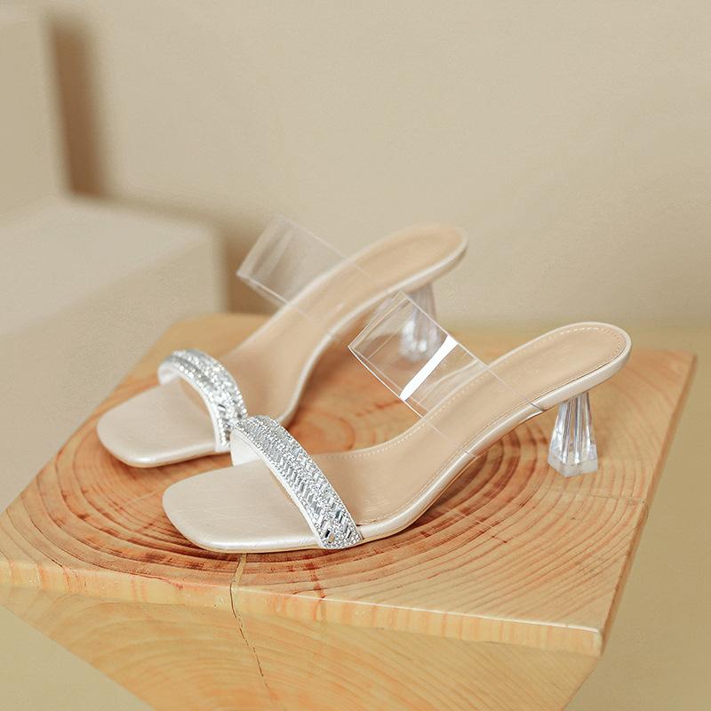 High-heeled Rhinestone Slippers Women's Summer Outer Wear Fashion 2025 New Fairy Wind Transparent Crystal Thin-heeled Cool Slippers