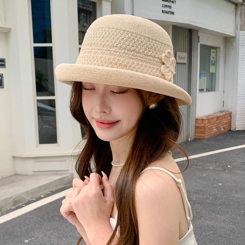 

Spring and summer outdoor sunscreen visor children knitted clover bucket hat literary retro warped sun hat One Size