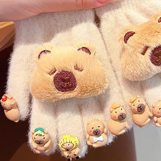 Winter Children Plush Capybara Gloves 3D Capybara Doll Gloves Soft Warm Five Finger Gloves for Cold Weather Outdoors