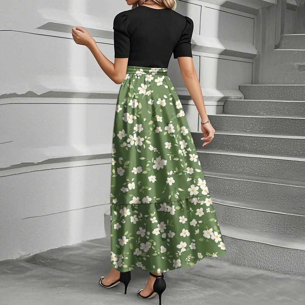 Ladies Fashion Casual Belt Short Sleeve Round Neck Floral Print Splicing Elegant Temperament Dress