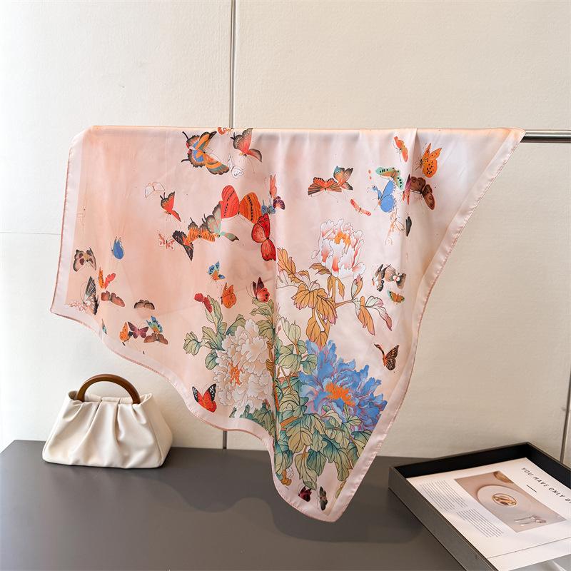 

2026 Luxury Silk Skinny Scarf 70Cm Square Butterfly Print Green Square Silk Scarf Casual Women Windproof Head Wrap Hair Scarves 70x70cm