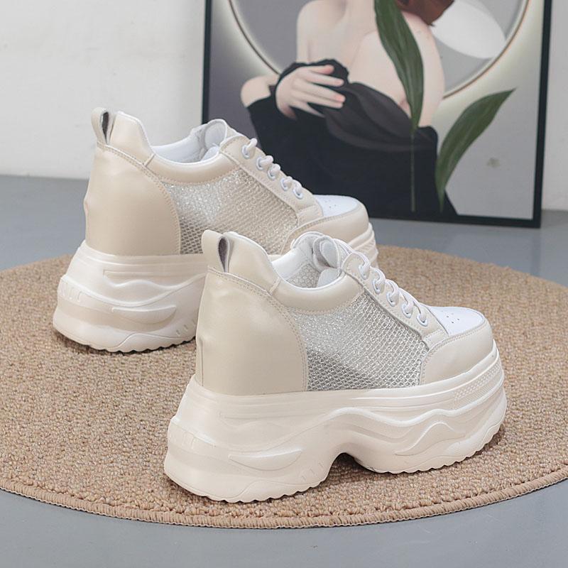 Fashion 12CM Air Mesh Microfiber Leather Ankle Boots Hollow Chunky Sneaker Women Comfy Summer Mixed Color Fashion Vulcanize Shoes