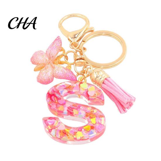 Compact Keychain Pink Series Pendant, Sequins Heart Initial Letter Charm Key Chain with Versatile Butterfly Tassel Design, A-Z Holder for Bag