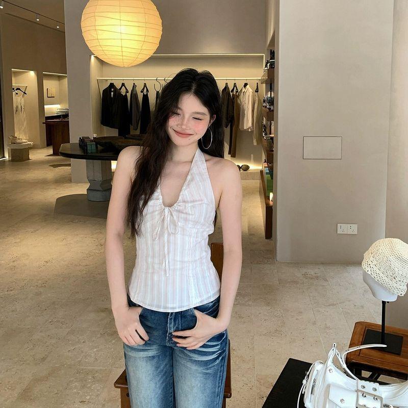 Women's French Retro Pure Desire Style Top, Sexy Summer Backless Lace-Up Camisole, Sweet and Spicy Trendy Beachwear