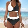 Ladies' Detachable Chest Cushion High Waist Hanging Neck, Printed Color Blocked Split Swimsuit High Waisted Bikini Two-Piece Set