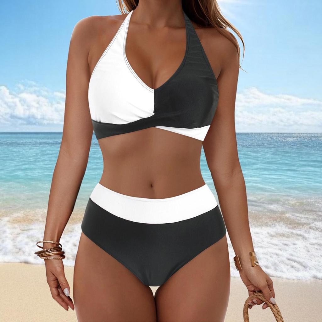 Ladies' Detachable Chest Cushion High Waist Hanging Neck, Printed Color Blocked Split Swimsuit High Waisted Bikini Two-Piece Set