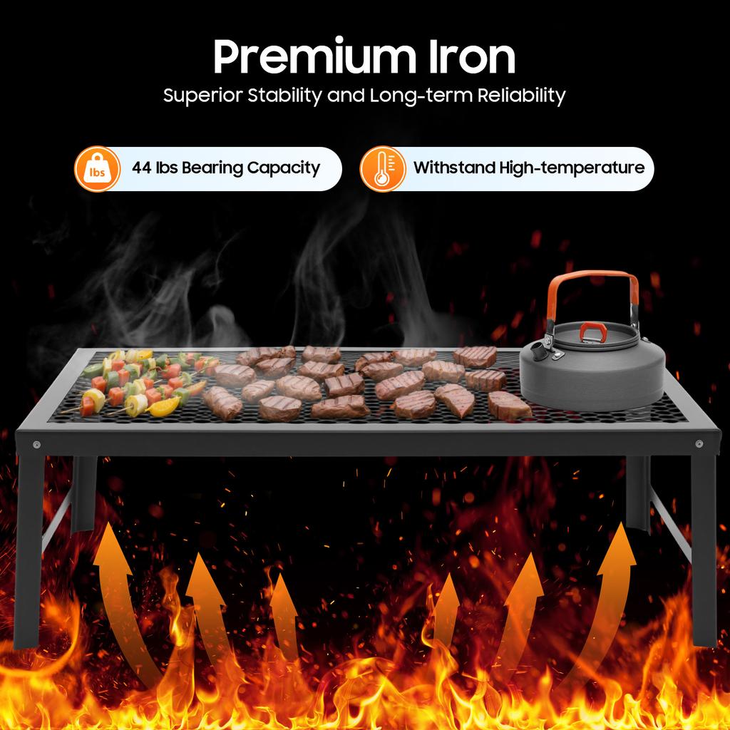 Portable Folding Grill Rack, Outdoor Camping BBQ Cooking Mesh Grate, Lightweight Iron for Picnic Hiking, Holds 44lbs