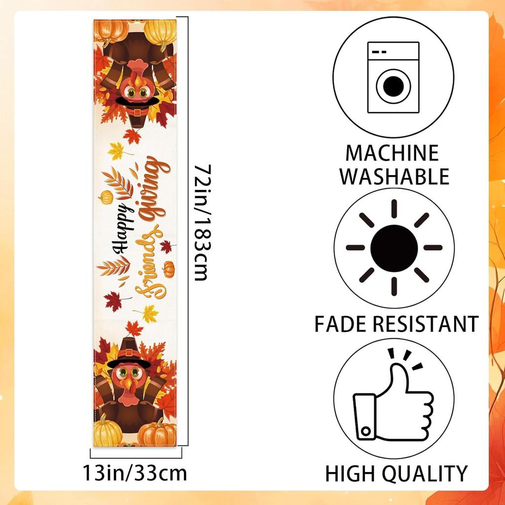 Friendsgiving Table Runner Friendsgiving Tablecloth 13x72in Long Linen Fall Turkey Maple Leaves Pumpkin Happy Friends Giving Runners for Indoor