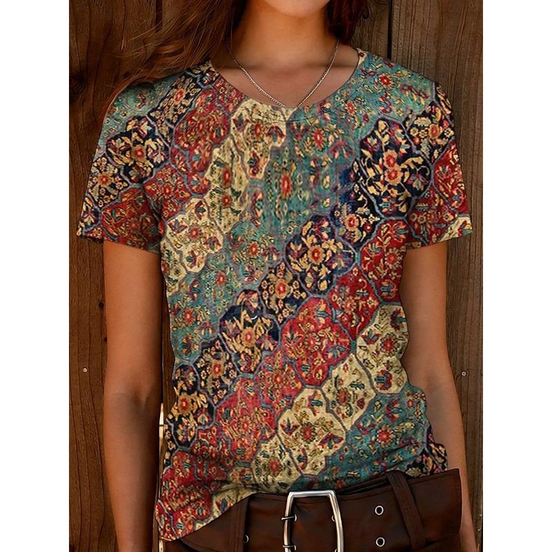 

Women s T Shirt Print Graphic Geometry Vintage Stylish Casual Short Sleeve Crew Neck Regular Tops Summer Spring 2XL