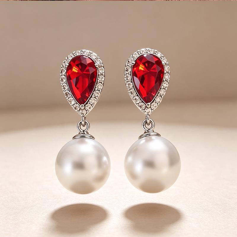 Red Water Droplet Zircon Pearl High End New Earrings Attend Banquet Elegant Trend Exquisite Fashion Luxury Accessories