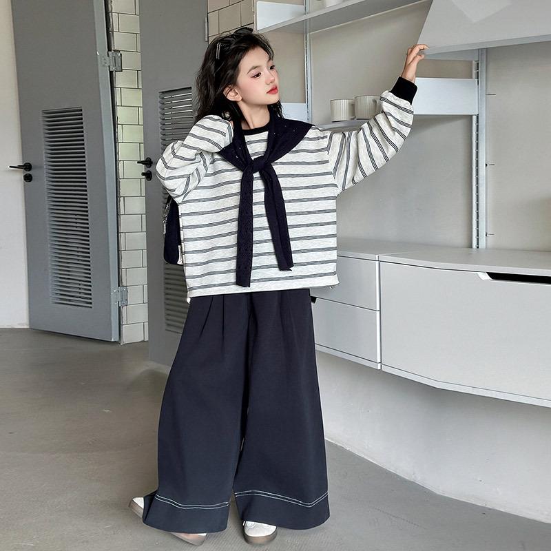 

2025 Girls Korean-Style Striped Sweatshirt & Wide-Leg Pants Set - Spring/Autumn Fashion 150 cm