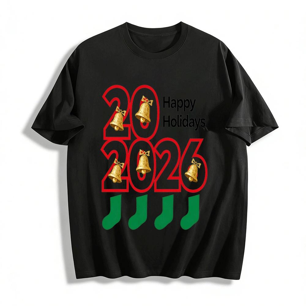 

2026 Happy Holidays Bell Christmas Sock Graphic Casual Top Pure cotton T-shirt XXS