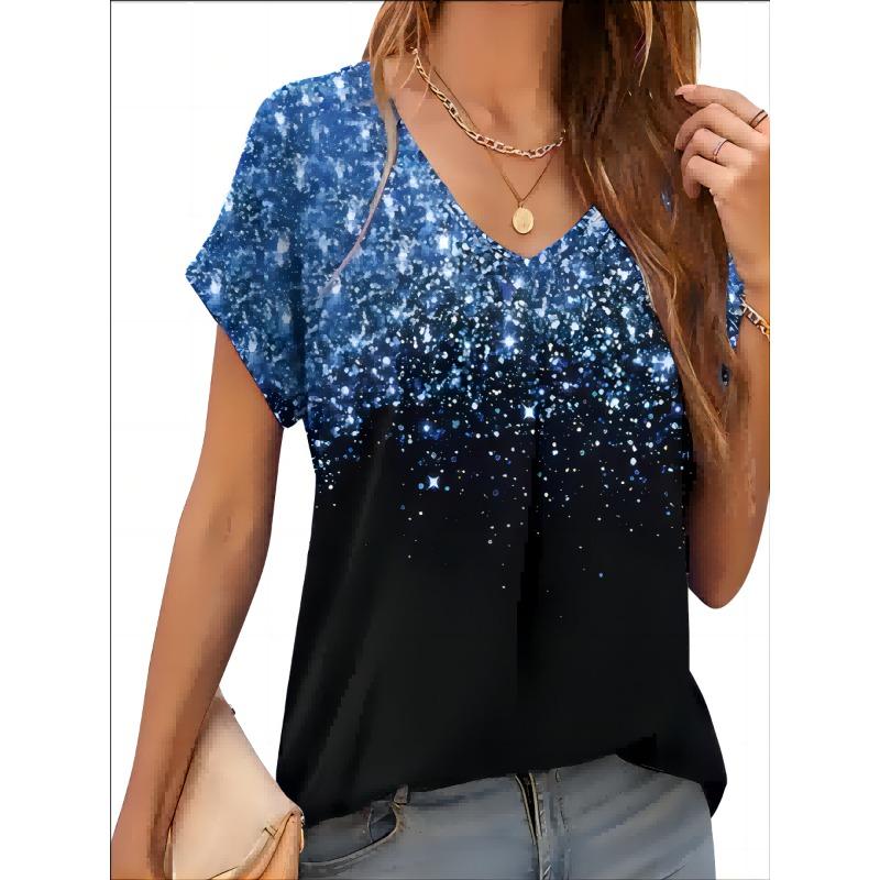 2026 New Summer Women T-shirt 3d Fashion Print Gradient Harajuku T Shirt Oversized Tee For Ladies Clothing New Short Sleeve V-Ne