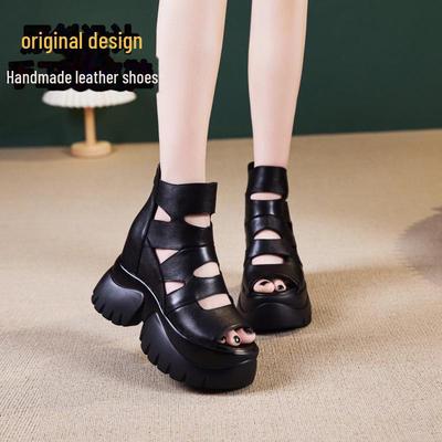 9CM Height-Enhancing Genuine Leather Roman Sandals: Fashionable, Casual, Thick-Soled Platform Heels for Women.