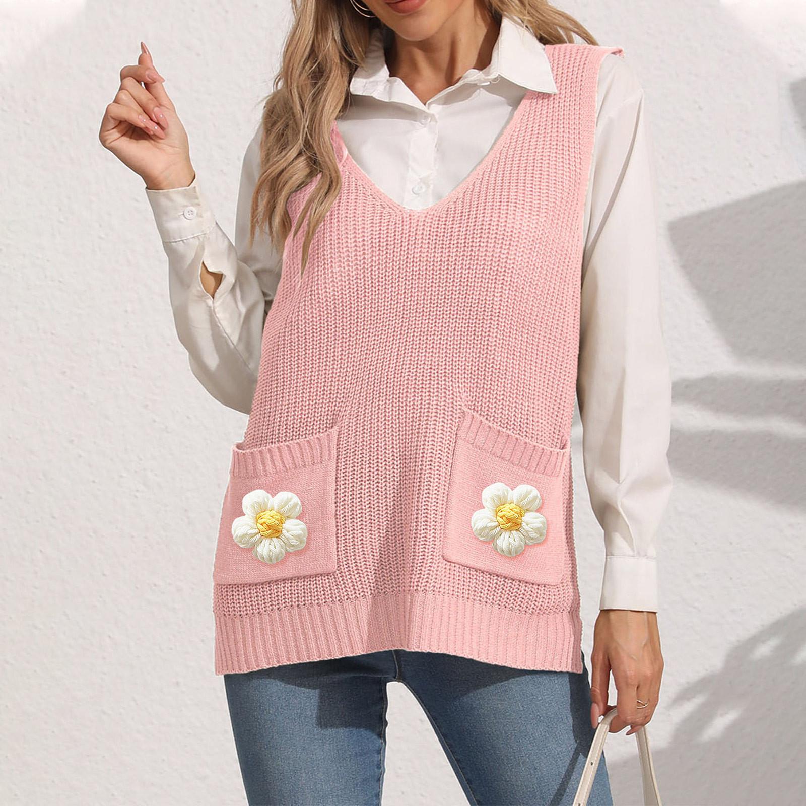 

Женский вязаный крючком жилет с двойным карманом и V-образным вырезом One Size розовый