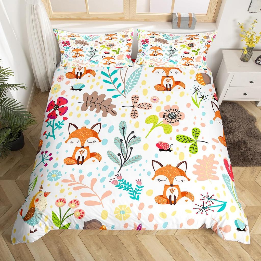 Comforter Cartoon Lion Kids Jungle Botanical Comforter Floral Zoo Animal Bedding Set Woodland Leaves Flowers