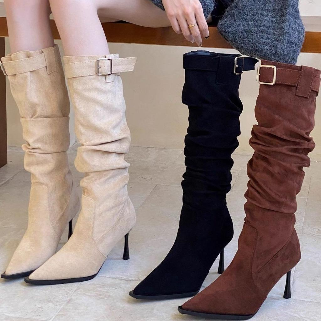 College-Stiefel gestapelt lange Stiefel erhöht Jahre dünne Absätze retro spitz dünne Gürtelschnalle