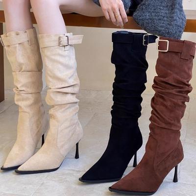 Skinny Belt Buckle Boots Year Old Retro Thin Heel Dopamine Pile Heightening Pointed Boots Skinny Boots