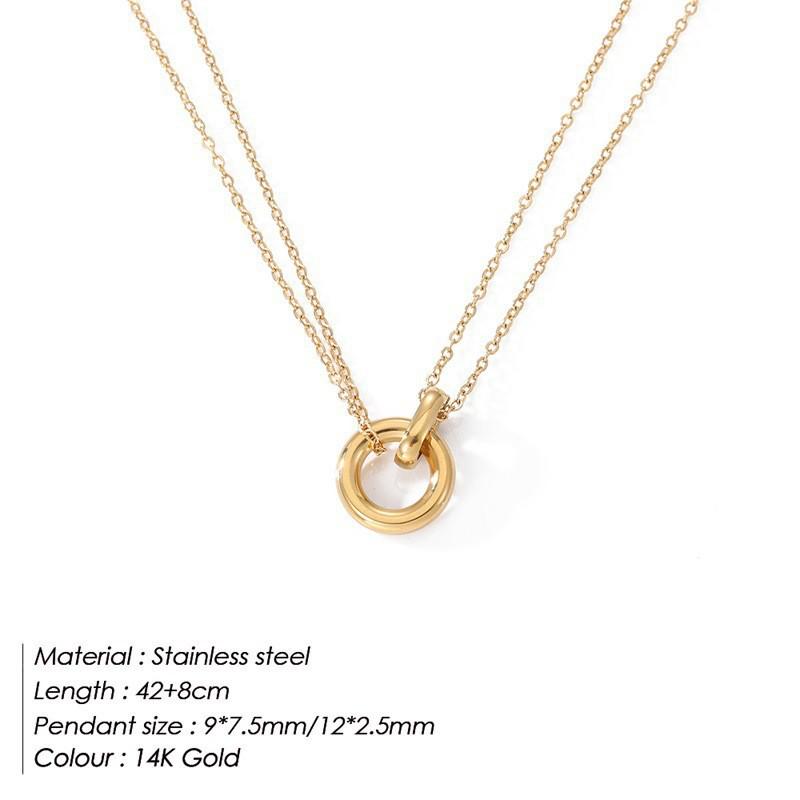 European Style Double Ring Pendant Necklace for Women - 14K Gold Plated Titanium Steel Clavicle Chain