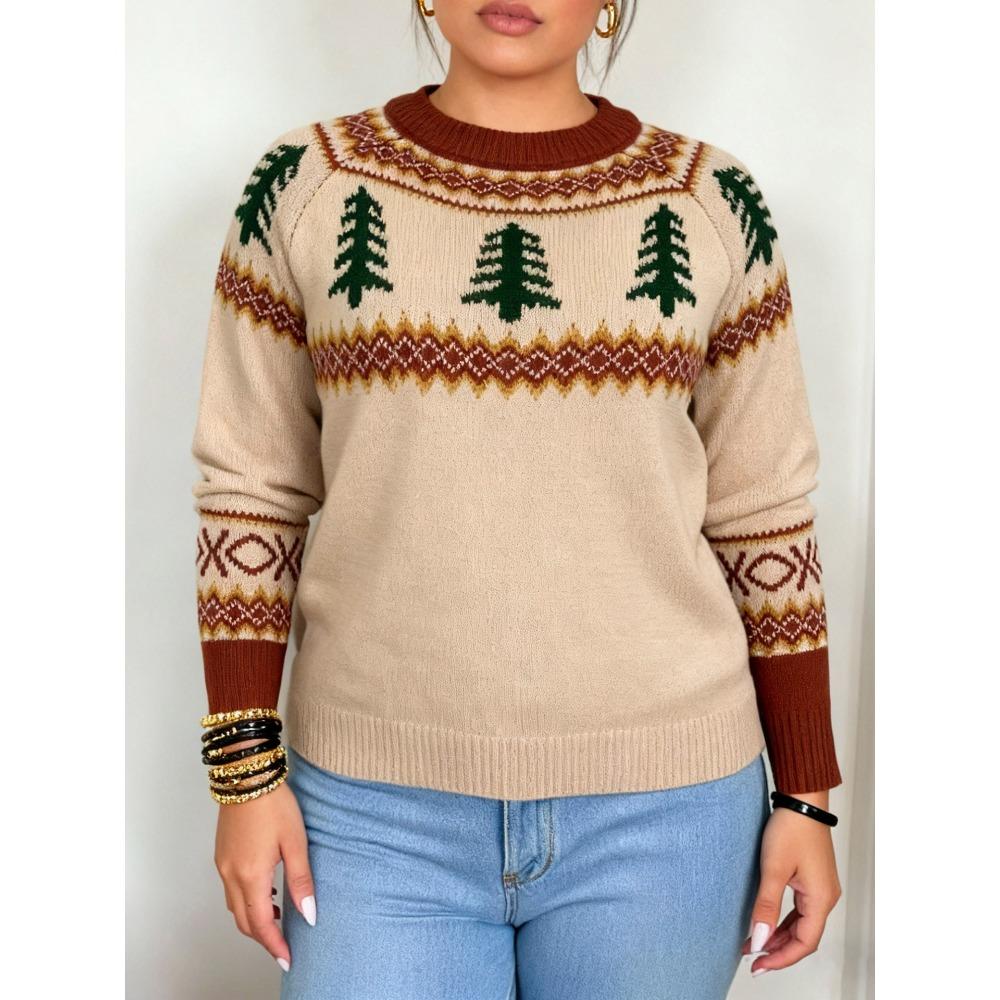 

Пуловер, Жаккардовый свитер с рождественской елкой, Свободный топ для женщин 3XL абрикосовый