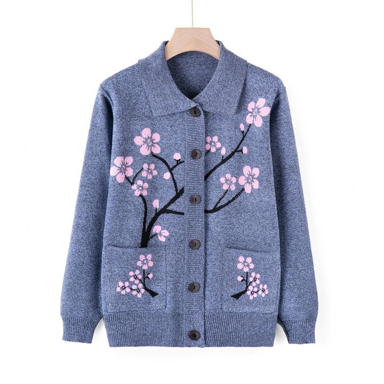 Sweater Jacket Women's Autumn Mom Knitted Sweater Cardigan Top Grandma Casual Lapel