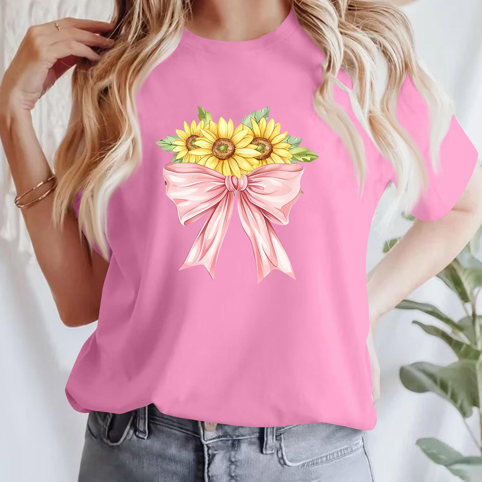 

Жіноча повсякденна футболка з принтом і круглим вирізом, пуловер з короткими рукавами L рожевий