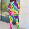 Women Plus Size Tie Dye Printed Round Neck Long Sleeve Top Fitted Pants Two Piece Set