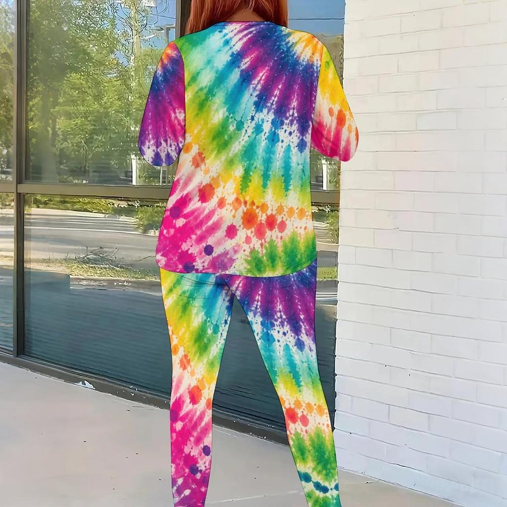 Women Plus Size Tie Dye Printed Round Neck Long Sleeve Top Fitted Pants Two Piece Set