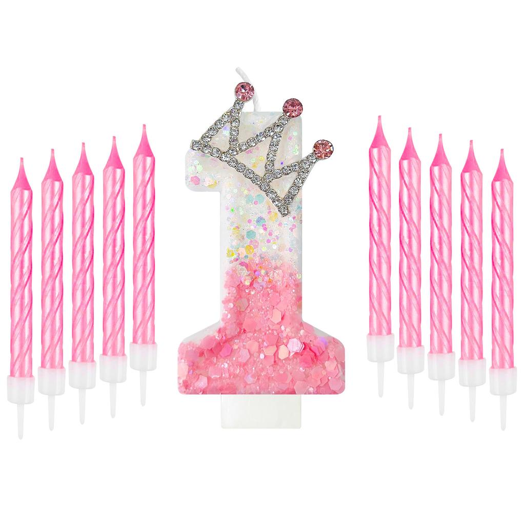11pcs Gradient Pink and White Crown Number Candles, Number 0-9 Candles, Girl's Birthday Cake Decorations, Cupcake Decorations