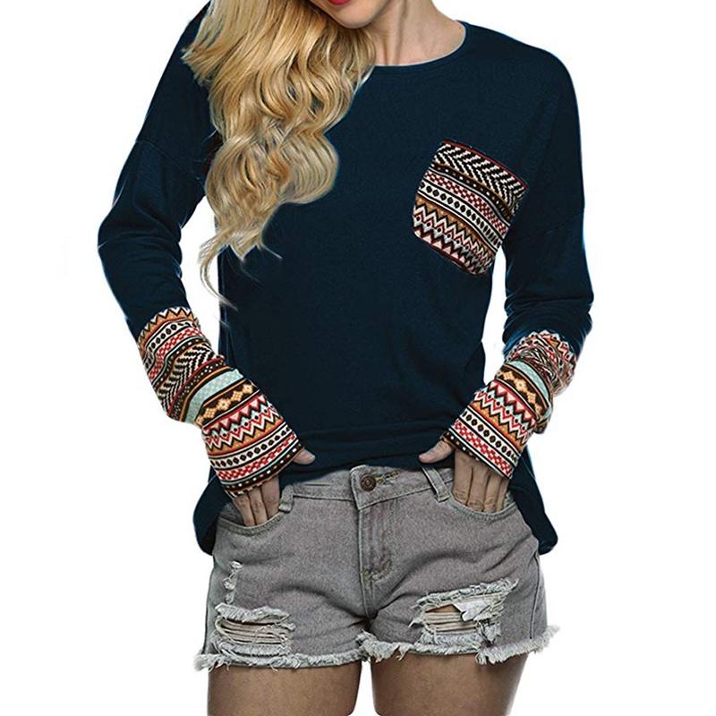 

Elegant Women s Long Sleeve O-neck Patchwork Casual Loose T-shirts Blouse With Thumb Holes NavyBlue,M