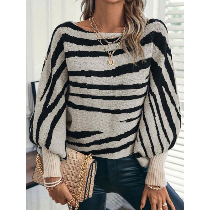 New Fall Winter Women Fashion Sweater Loose Style Slash Collar Batwing Sleeve Zebra Color Block Pullover Jumper Knitwear