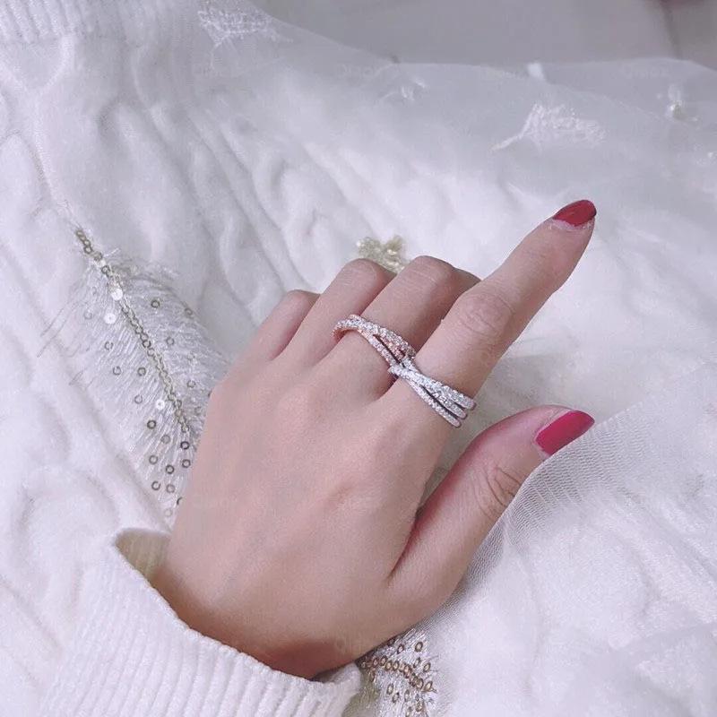 Full of Diamonds, Three Rows of Crossed Rings, Simple and Versatile, Personalized Niche Design, Rings, Light Luxury Temperament, Women