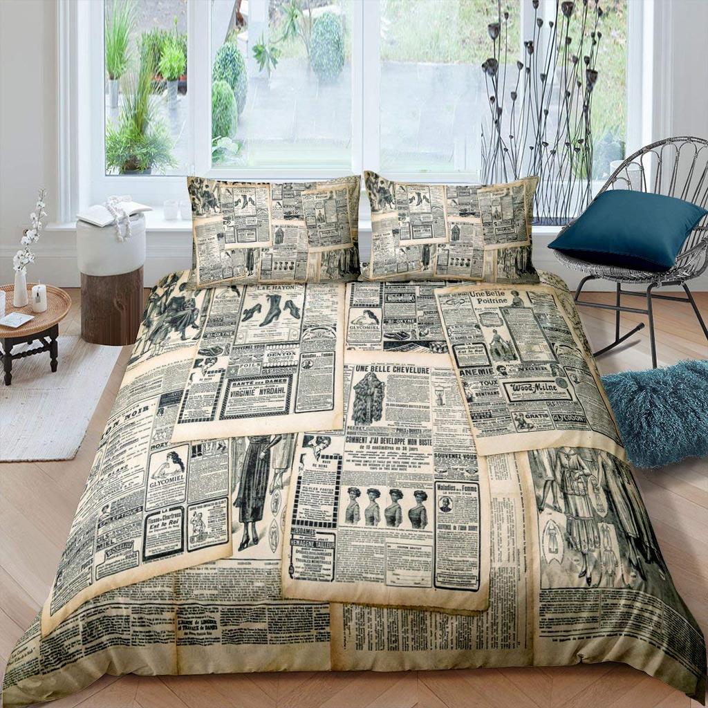 Old Newspaper Duvet Cover Set Vintage French Bedding Set Brown Quilt Cover For Kids Boys Girls Teens Polyester Comforter Cover