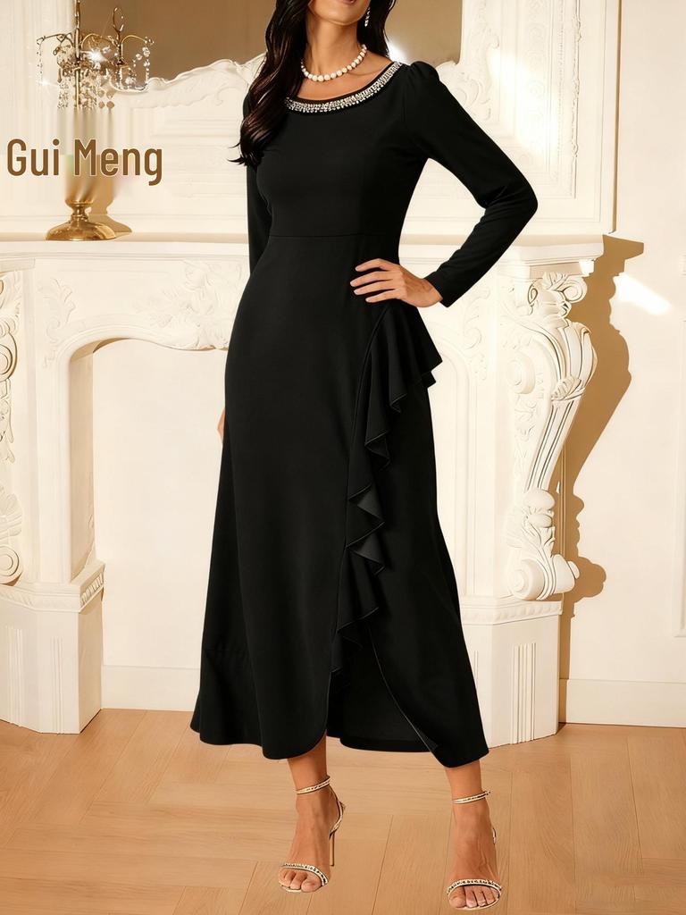 Vestido Elegante de Talla Grande para Mujer con Cuello Redondo, Volante de Diamantes y Abertura