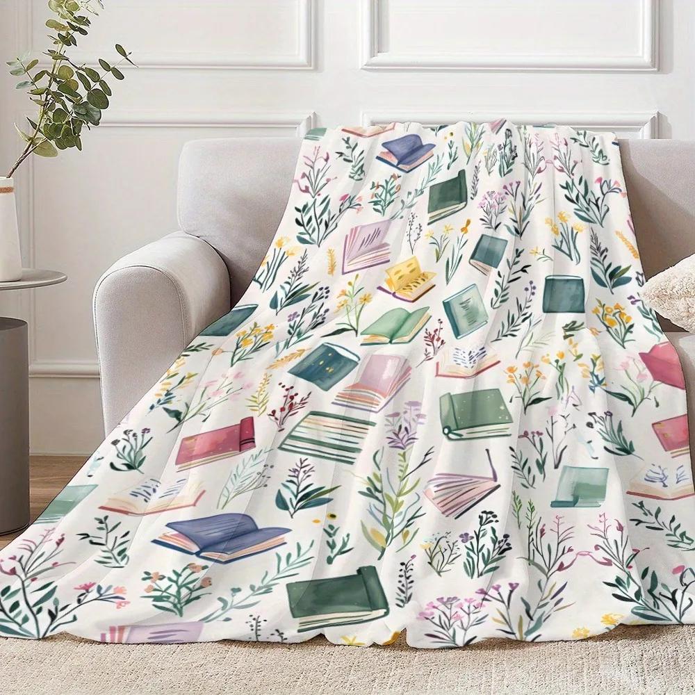 1PC Watercolor Books & Wildflowers Pattern Blanket – for Sofa, Bed, Travel, Camping, Living Room, Office Chair, All-Season Dcor