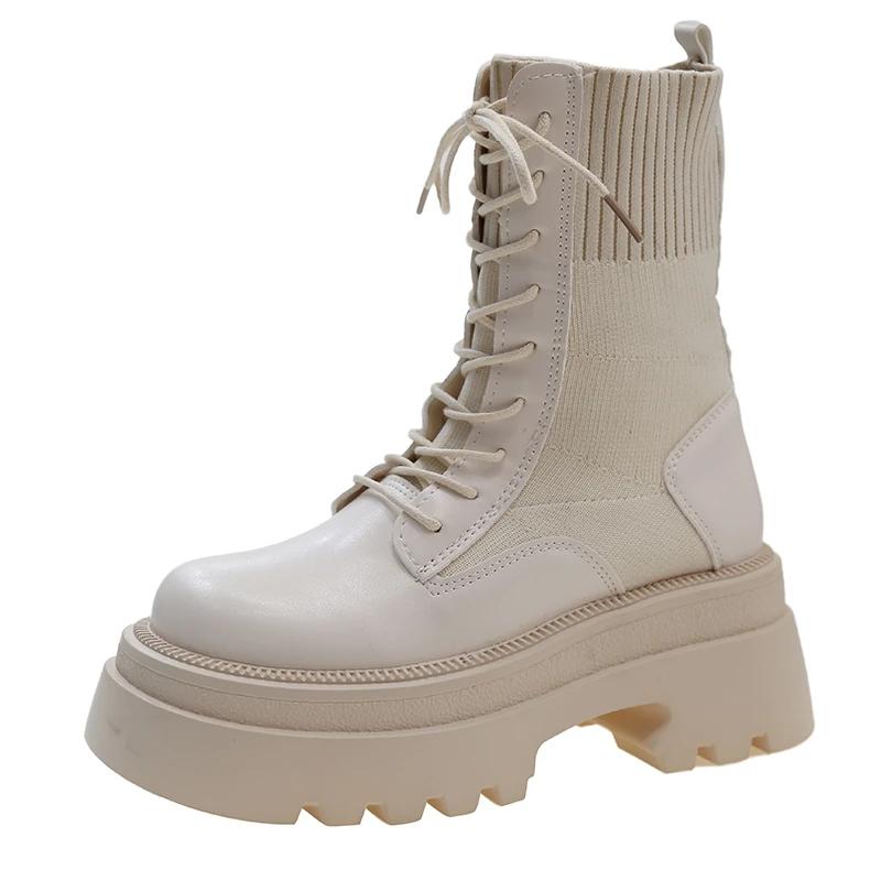 

Женские ботильоны Красивые весенние мотоботы Толстый каблук Платформа Женская обувь Слипоны Круглый носок Модные ботинки 40