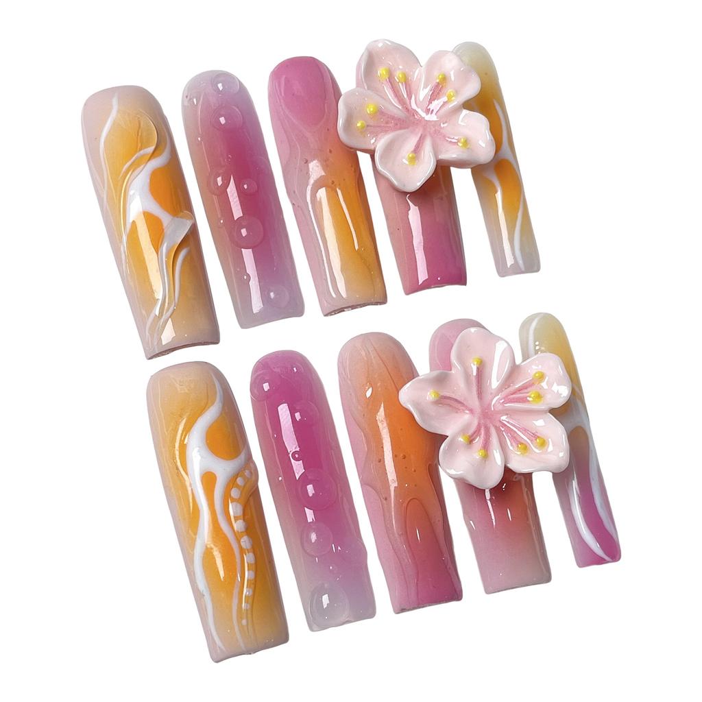 10Pcs Artificial Nails With Gradient Flower Design For Nail Art Decoration
