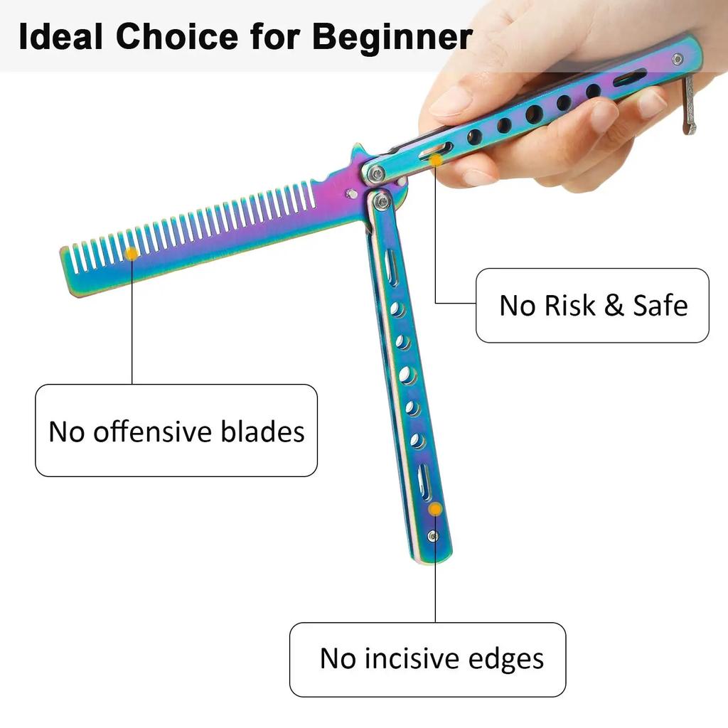 Foldable Comb Stainless Steel Practice Training Butterfly Knife Comb Beard Moustache Brushe Salon Hairdressing Hair Styling Tool