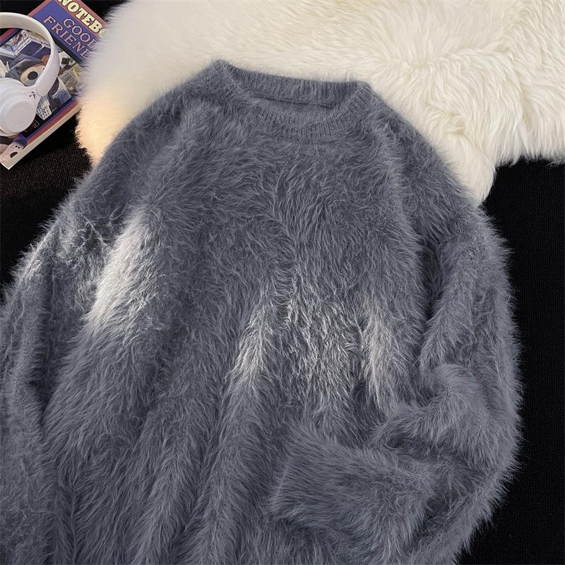 Men's Trendy Soft & Fluffy Knit Sweater - Solid Color, Lazy Style, Thickened for Autumn/Winter